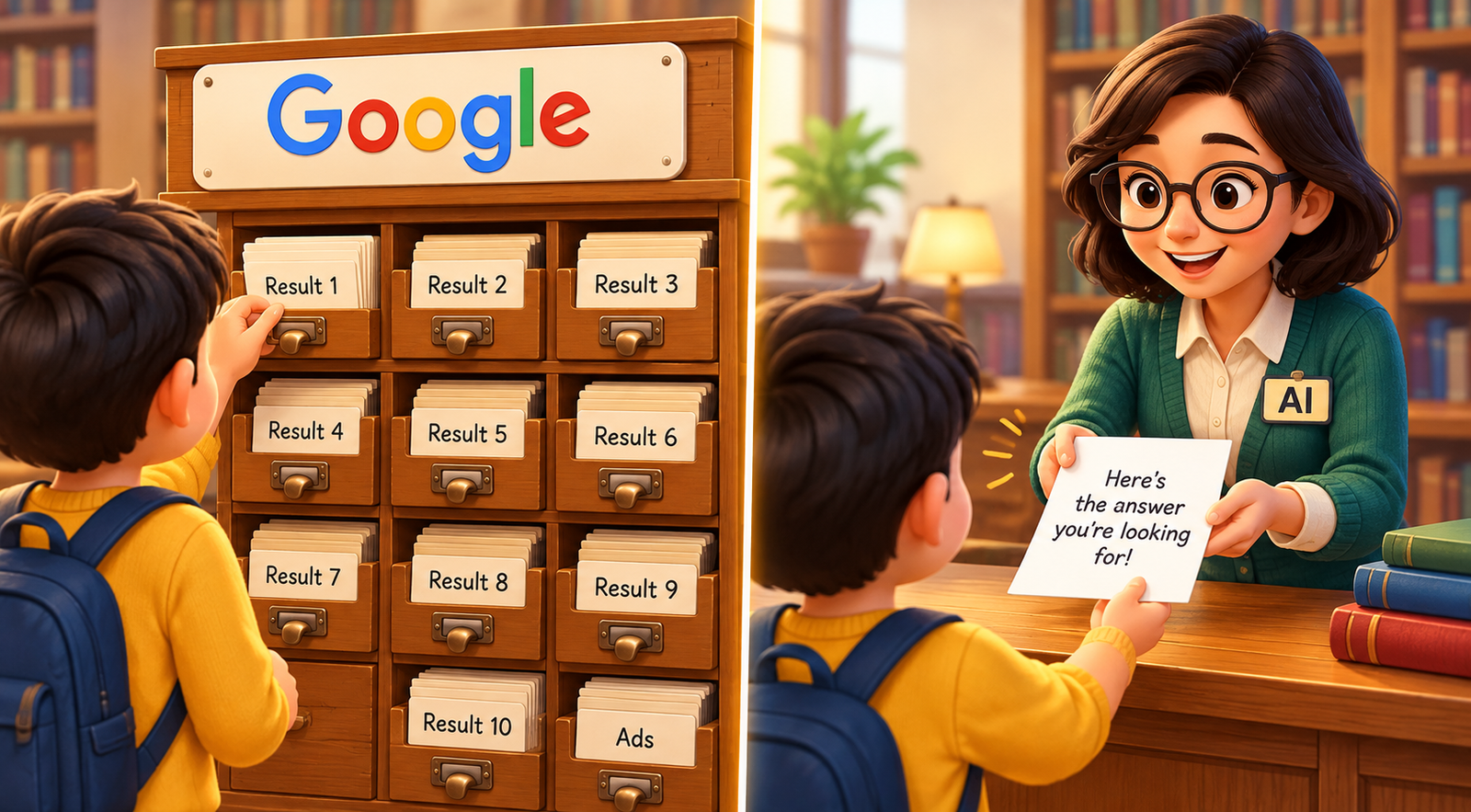 Cartoon comparison: Google Search card catalogue on the left vs. friendly AI librarian handing the direct answer on the right