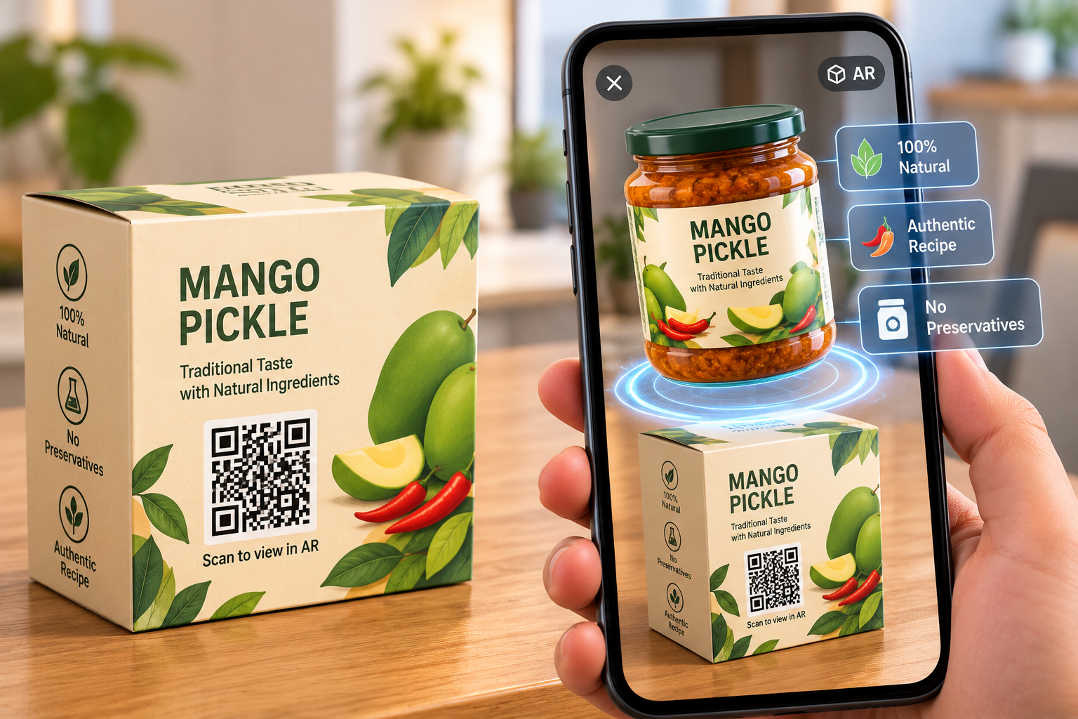 WebAR demonstration showing customer scanning QR code on mango pickle packaging to view 3D product in mobile browser